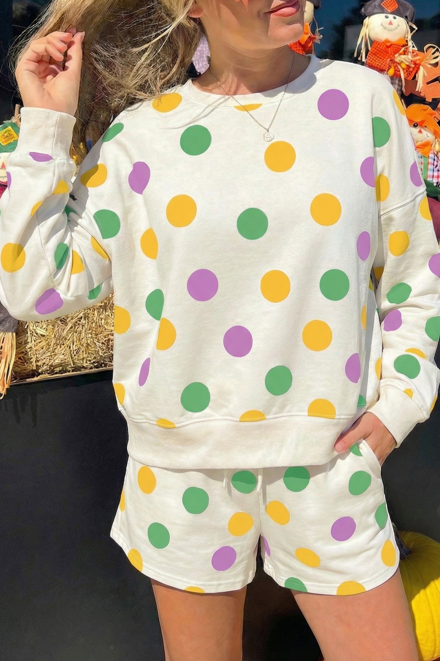 Polka Dot Print Pullover and Shorts Set