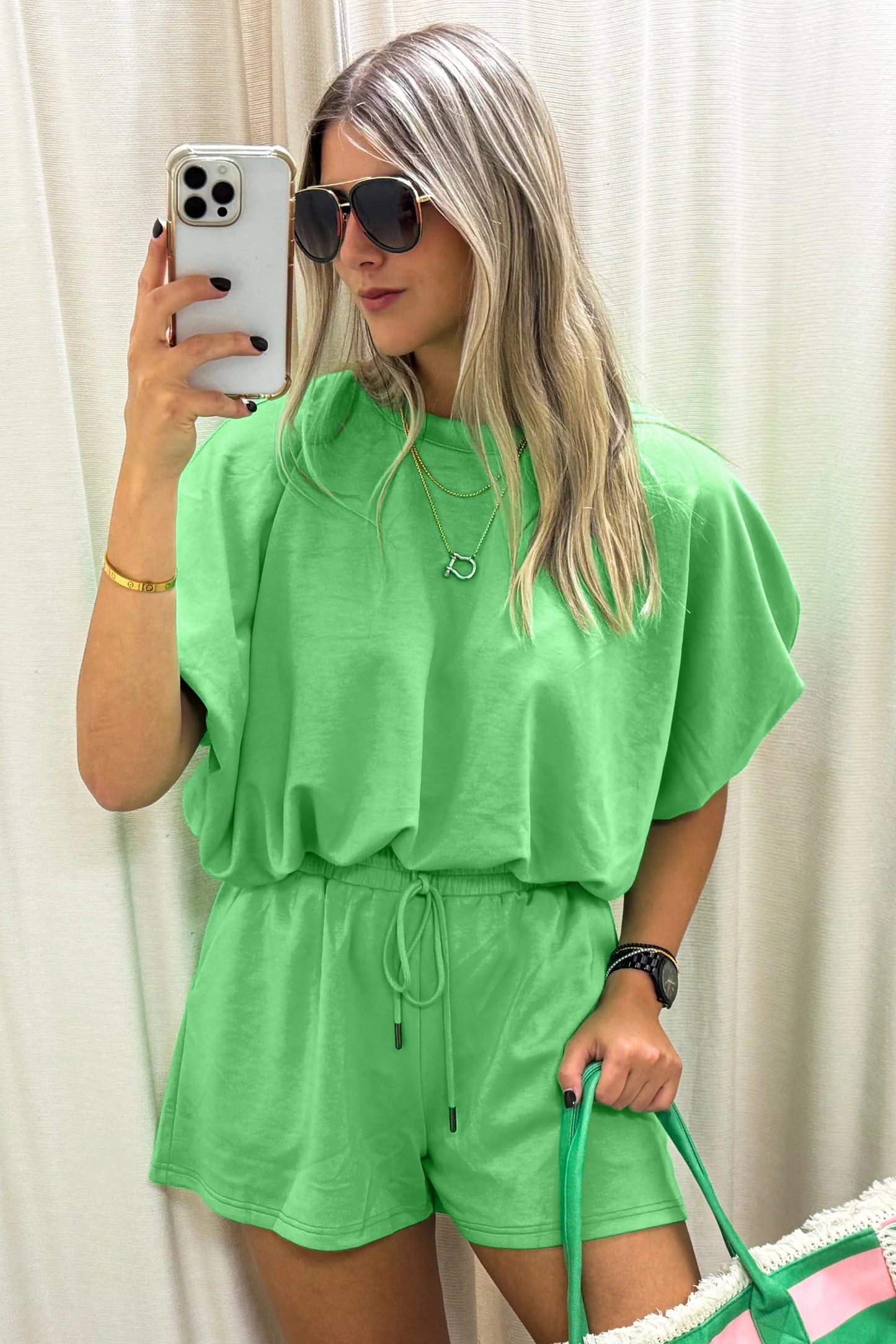Green Solid Color Puffy Loose Top Drawstring Shorts 2pcs Outfit