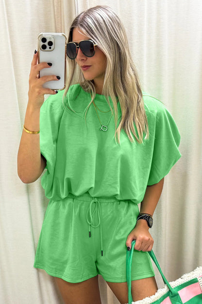 Green Solid Color Puffy Loose Top Drawstring Shorts 2pcs Outfit