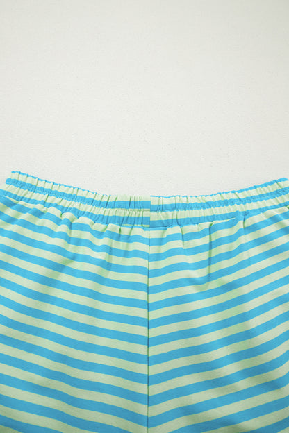 Stripe Color Block Detail Long Sleeve Pullover Elastic Waist Pull On Shorts 2pcs Set