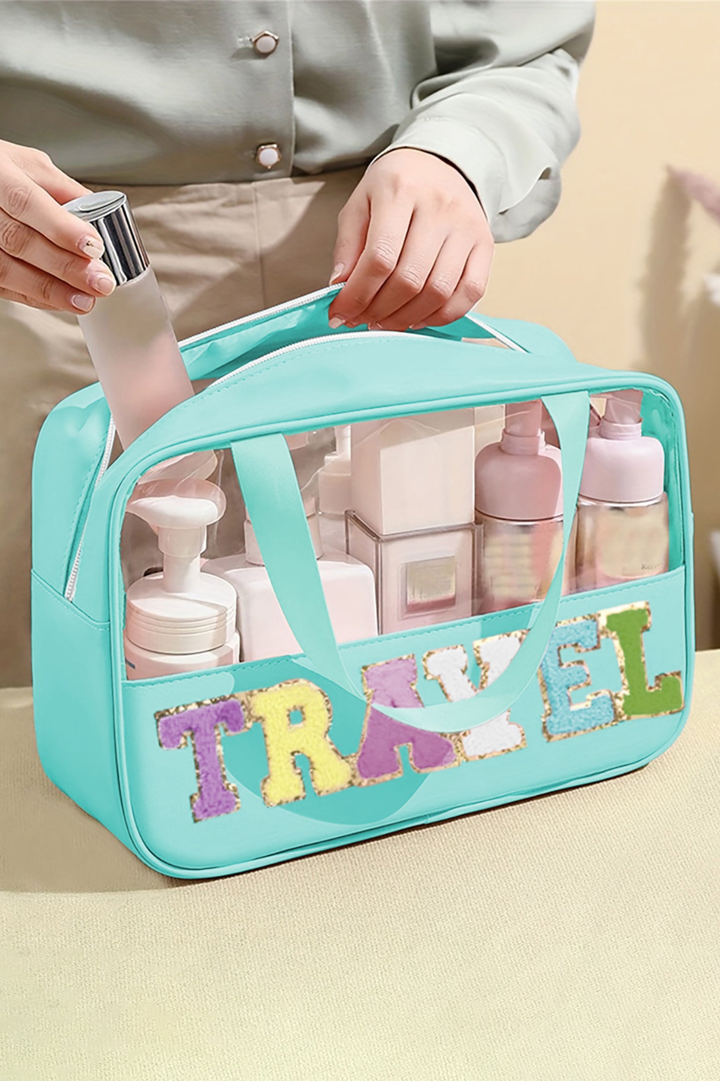 Parchment TRAVEL Chenille Letter Clear PVC Makeup Bag