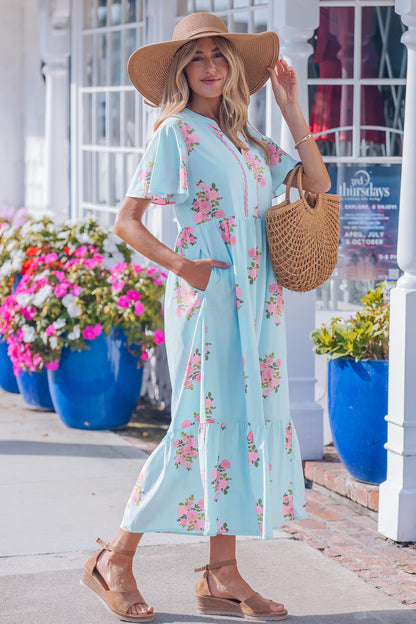 Sky Blue Notched Neck Flutter Short Sleeve Floral Print Maxi Dress