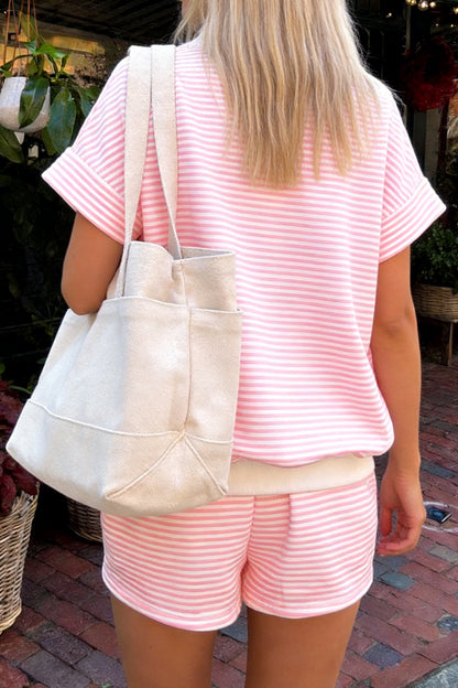 Green Stripe Cuffed Sleeve Contrast Mock Neck Tee Casual 2pcs Short Set