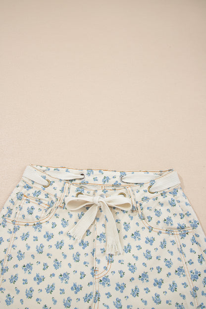 Beige Grommet Knot Waist Floral Barrel Leg Jeans