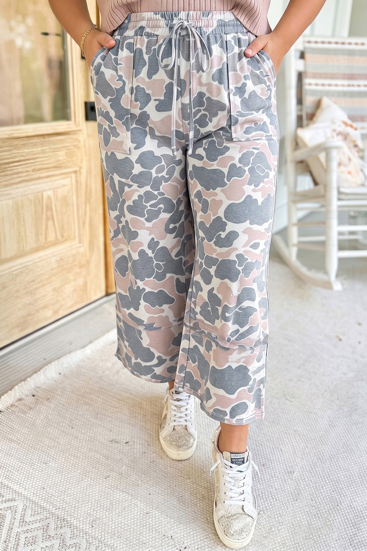 Khaki Camouflage Print Ankle-Length Plus Size Pants