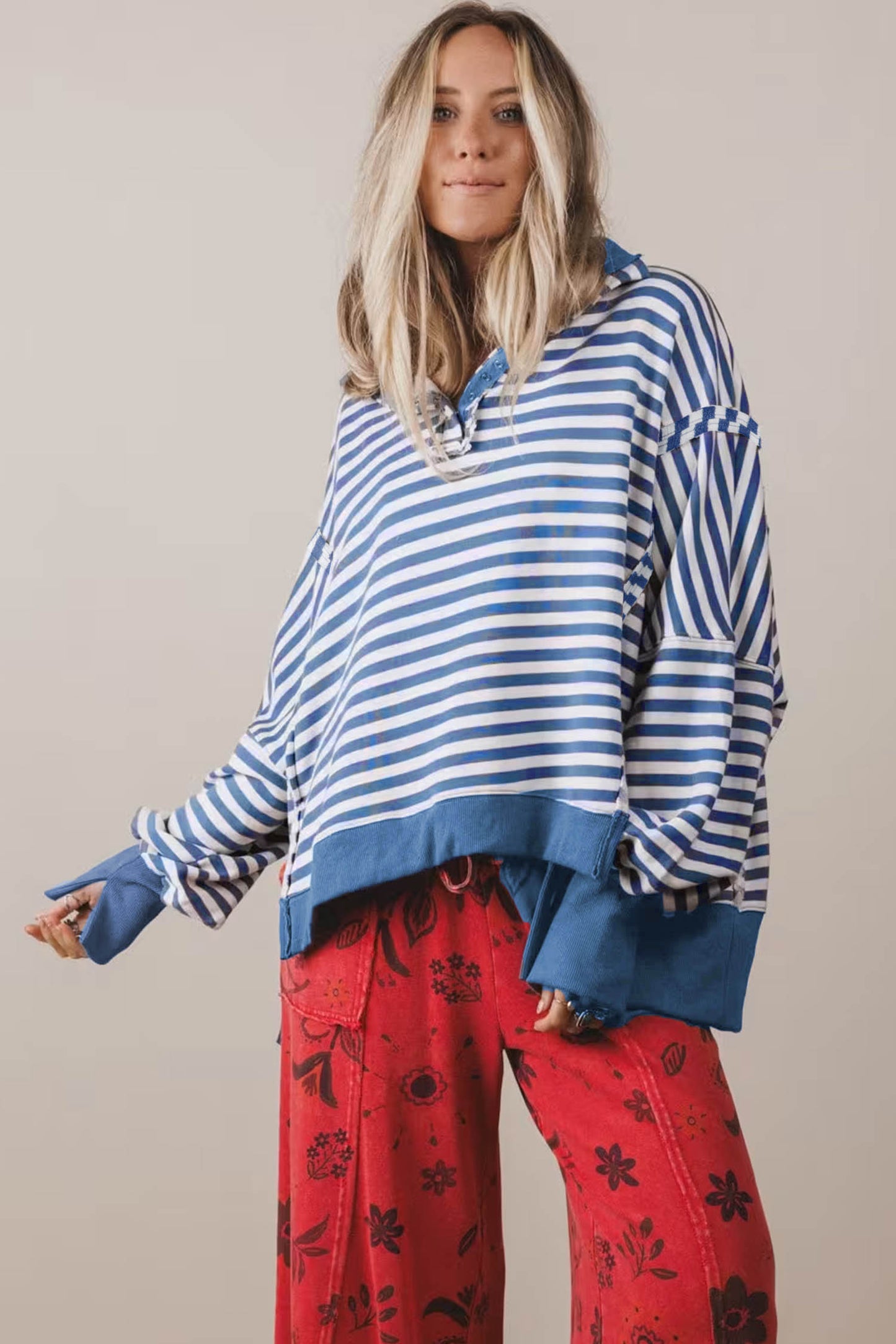 Blue Stripe Loose Pullover Sweatshirt