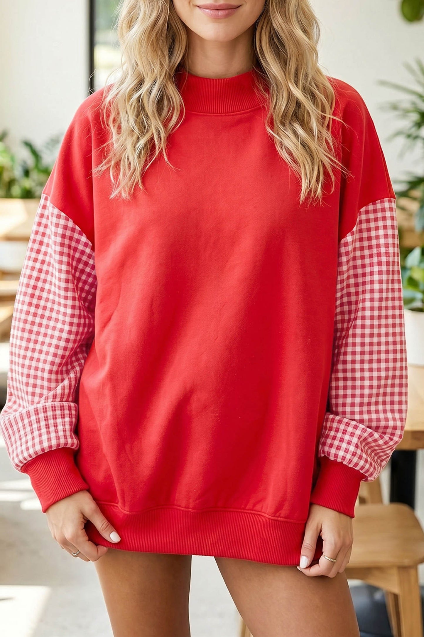 Plaid Sleeve Loose Tunic Mockneck Sweatshirt