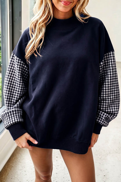 Plaid Sleeve Loose Tunic Mockneck Sweatshirt