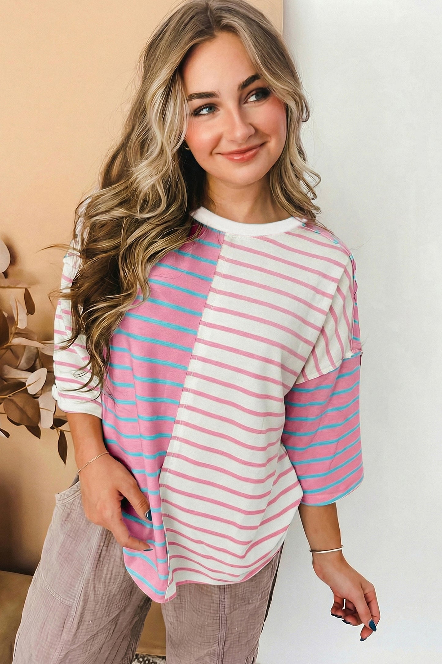 Stripe Colorblock 3/4 Sleeve Loose T Shirt