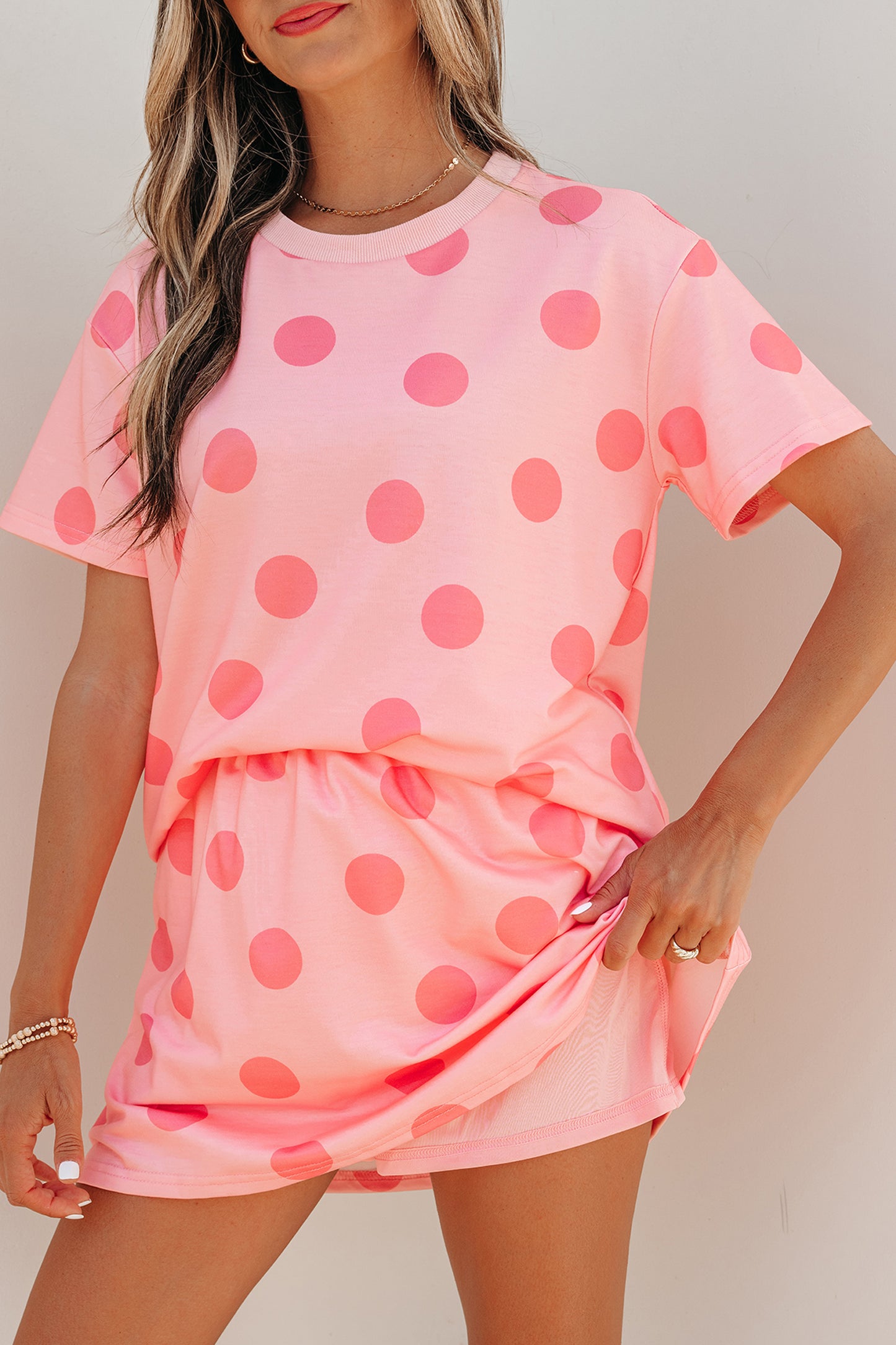 Polka Dot Short Sleeve Top Casual Skort 2pcs Outfit