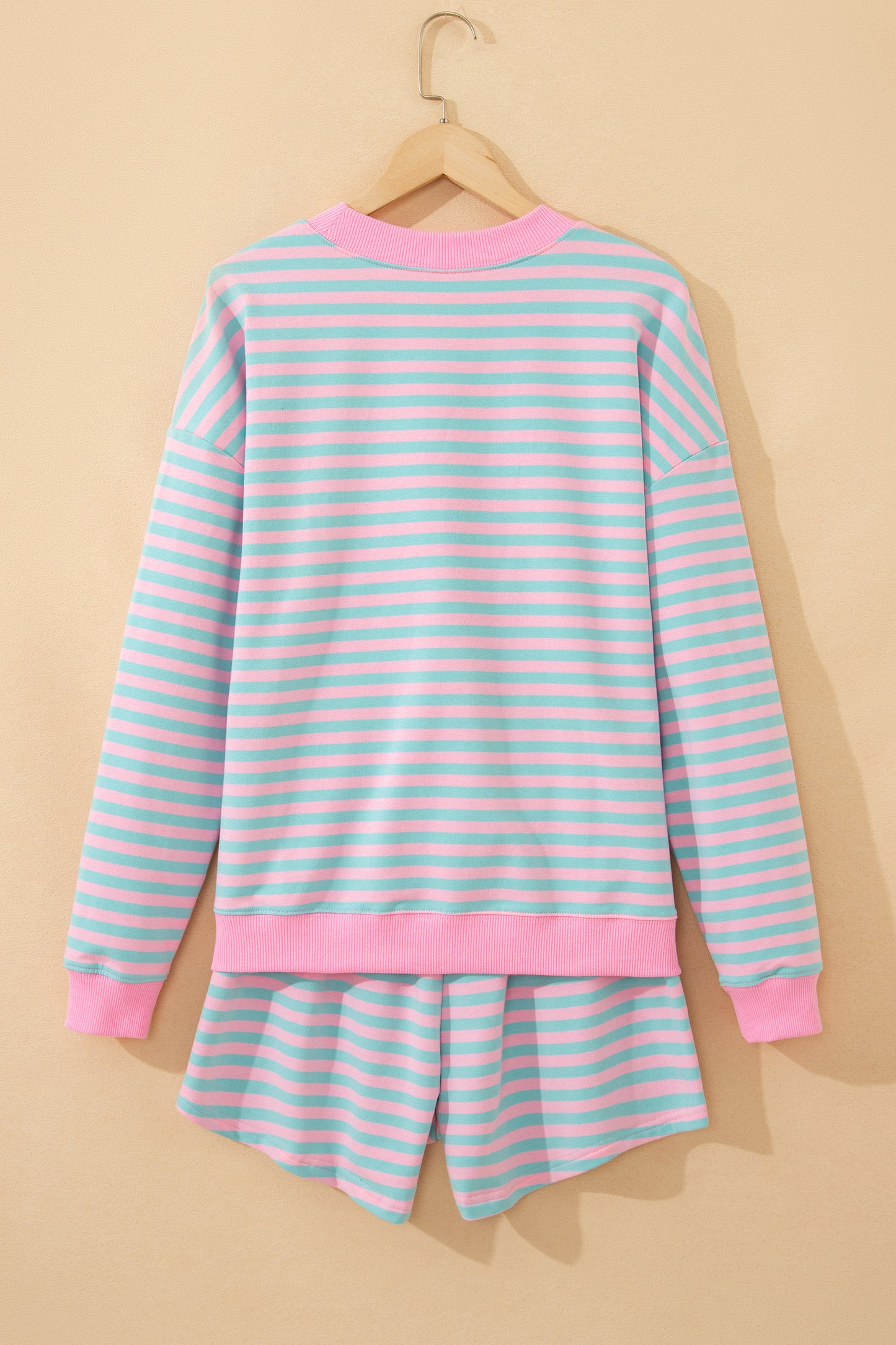 Stripe Color Block Detail Long Sleeve Pullover Elastic Waist Pull On Shorts 2pcs Set