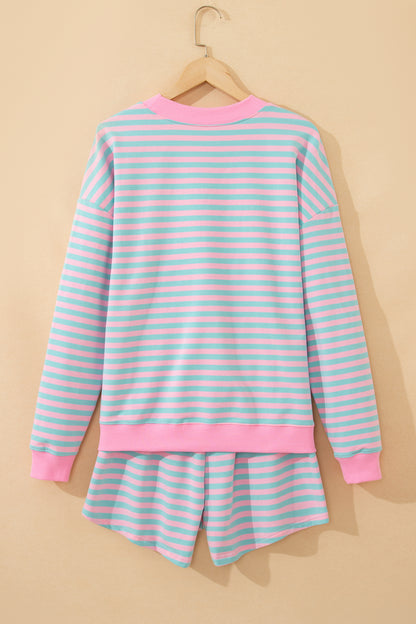 Stripe Color Block Detail Long Sleeve Pullover Elastic Waist Pull On Shorts 2pcs Set