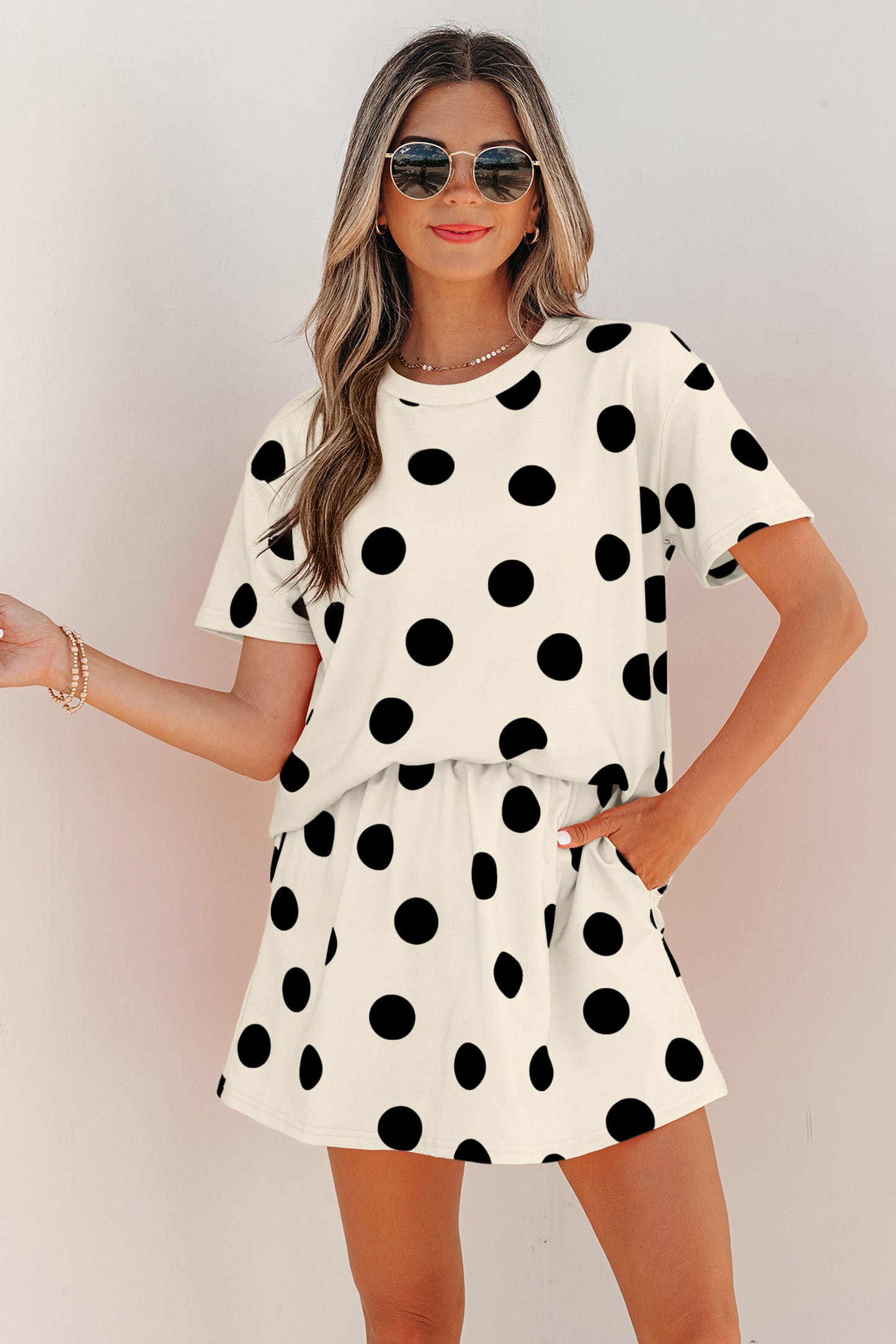 Polka Dot Short Sleeve Top Casual Skort 2pcs Outfit