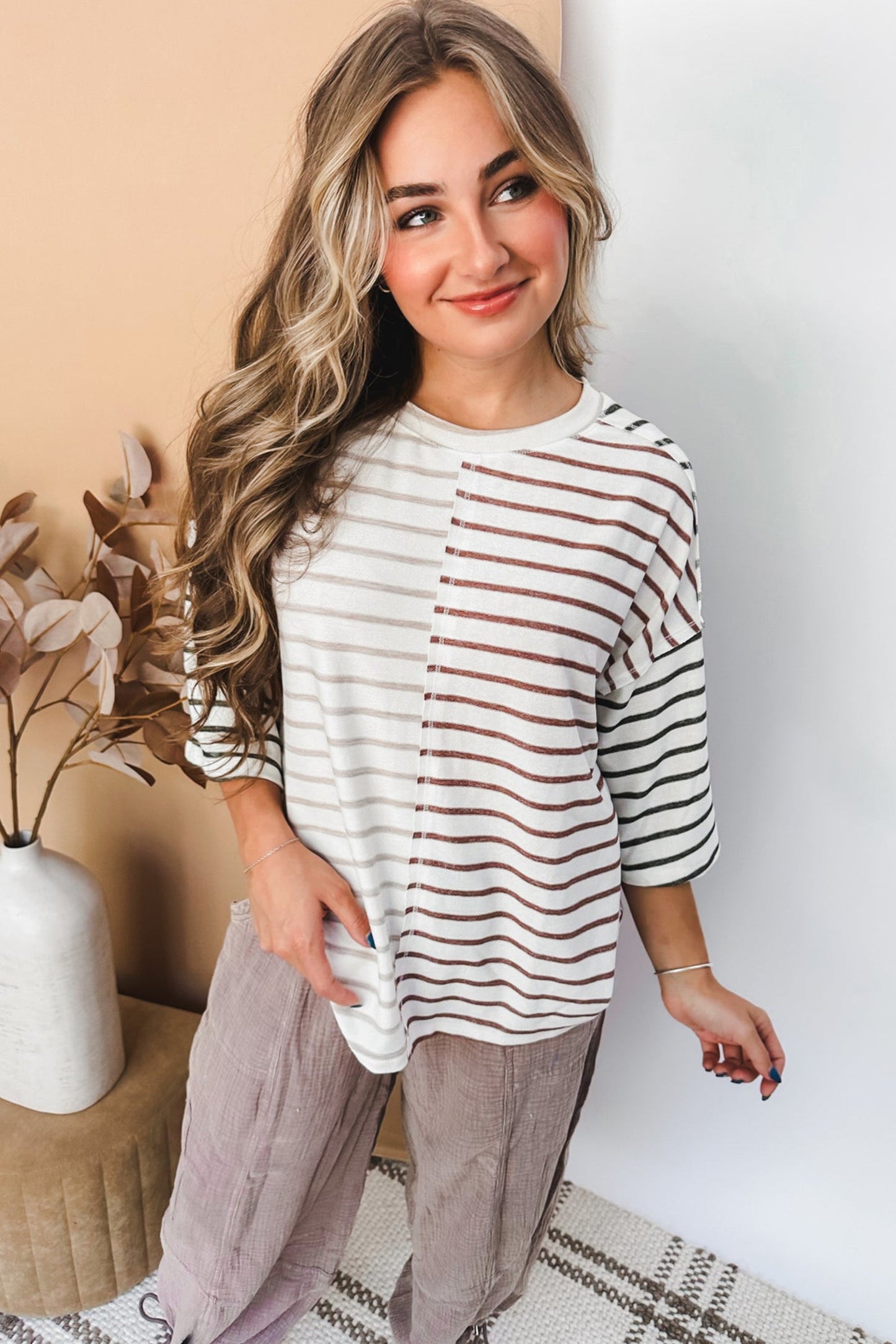 Stripe Colorblock 3/4 Sleeve Loose T Shirt