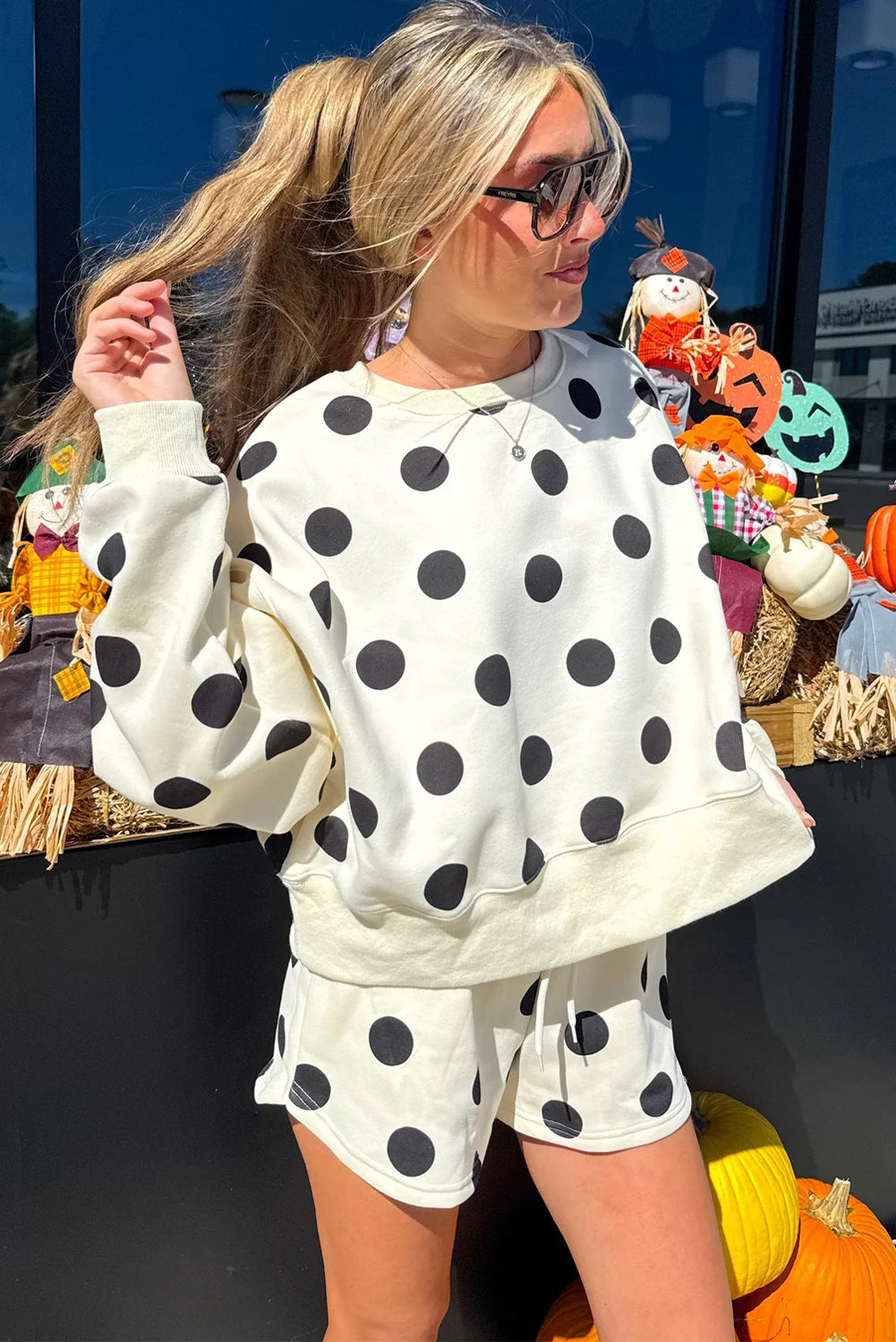 Pink Polka Dot Print Pullover and Shorts Set