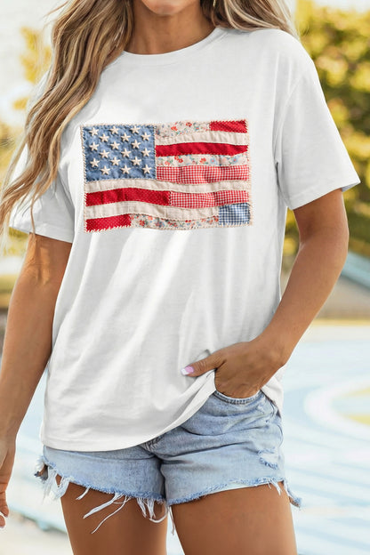 White Faux Patchwork Printed US Flag Casual Tee