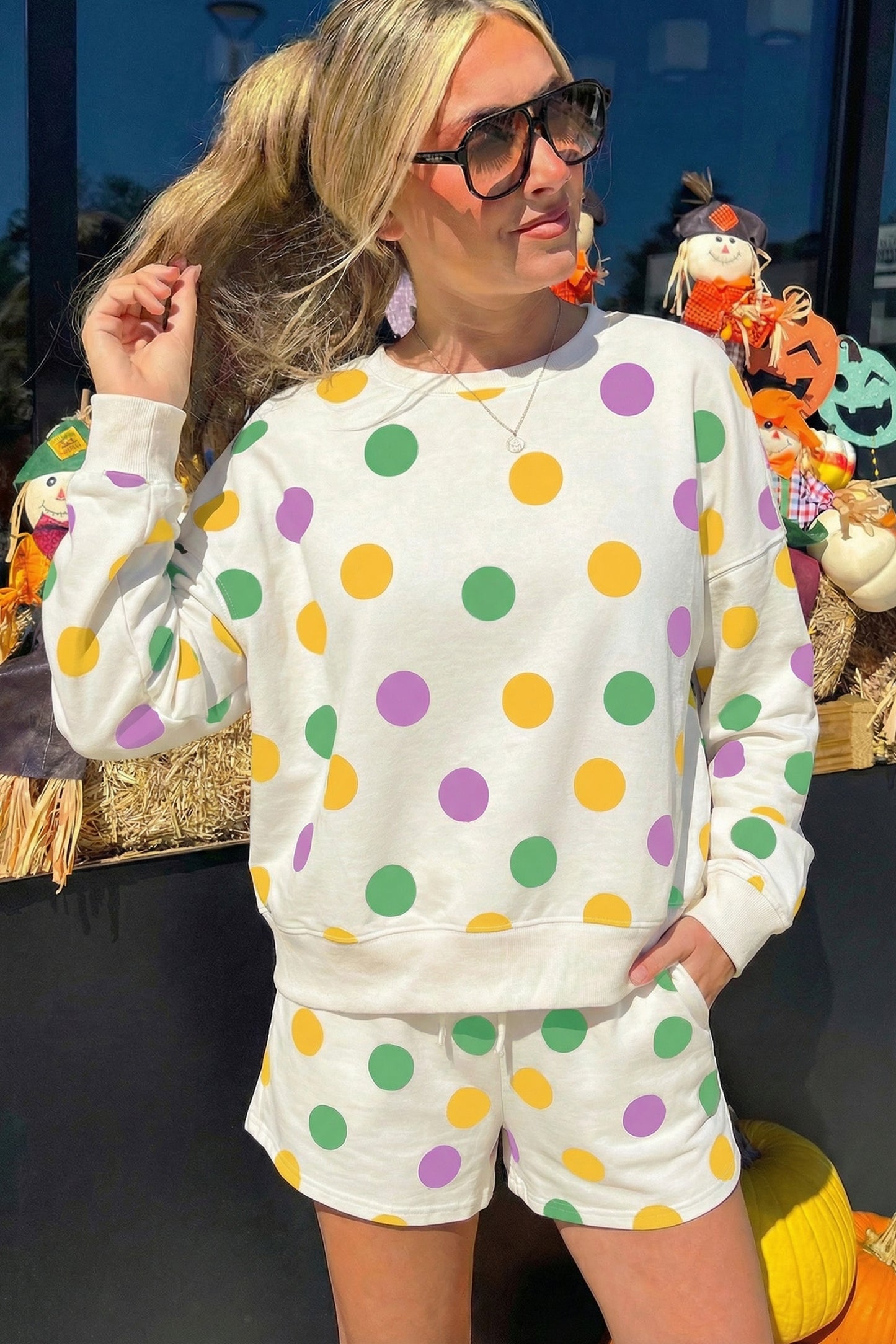 Polka Dot Print Pullover and Shorts Set