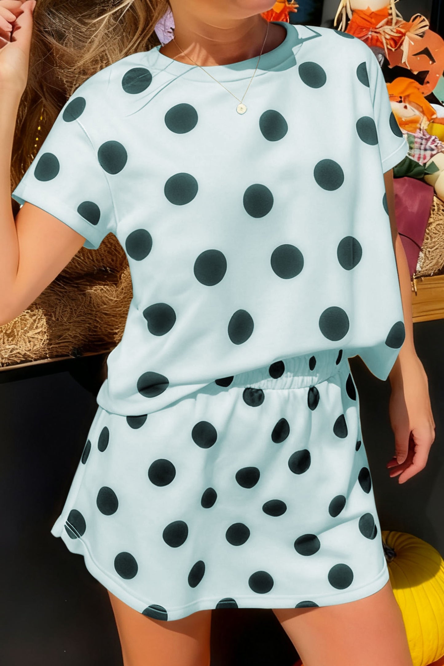 Polka Dot Short Sleeve Top Casual Skort 2pcs Outfit