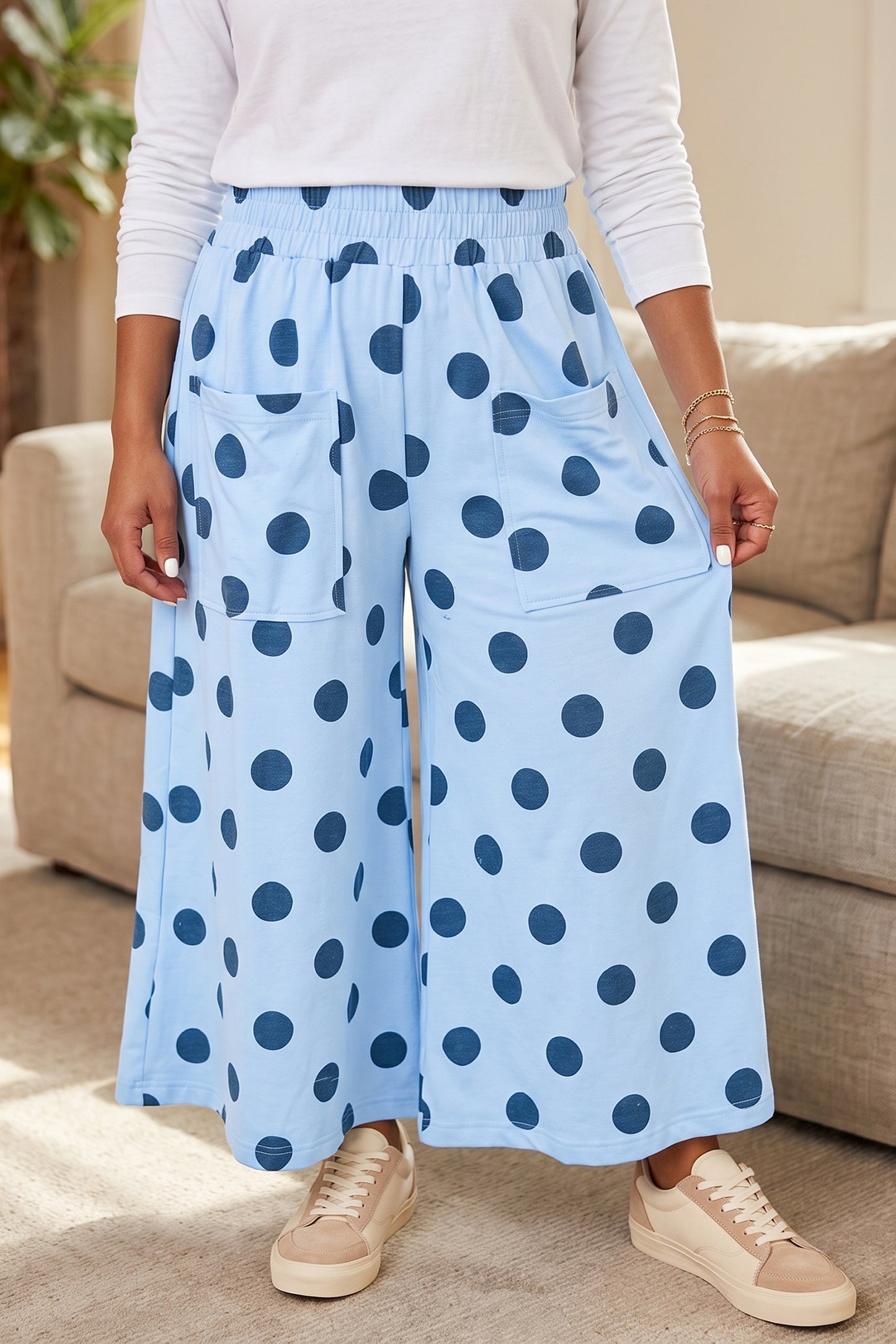 Polka Dot Elastic Waist Wide Leg Plus Size Pants