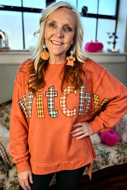 Halloween Witchy Plaid Slogan Embroidered Patch Tunic Sweatshirt