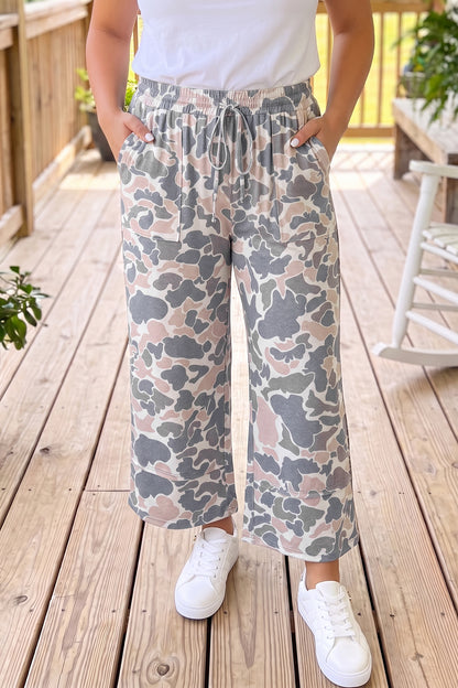 Khaki Camouflage Print Ankle-Length Plus Size Pants