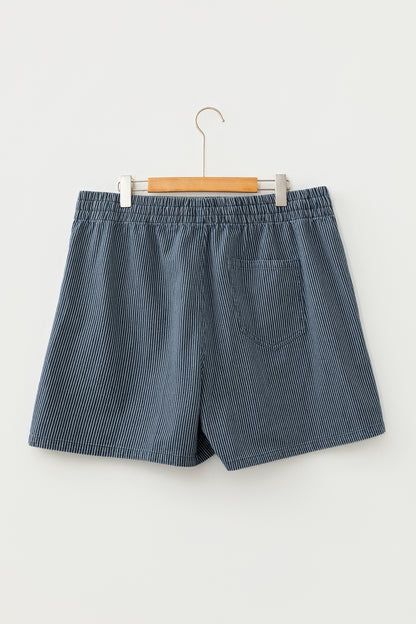 Blue Stripe Plus Size Contrast Drawstring Elastic Waist Denim Shorts