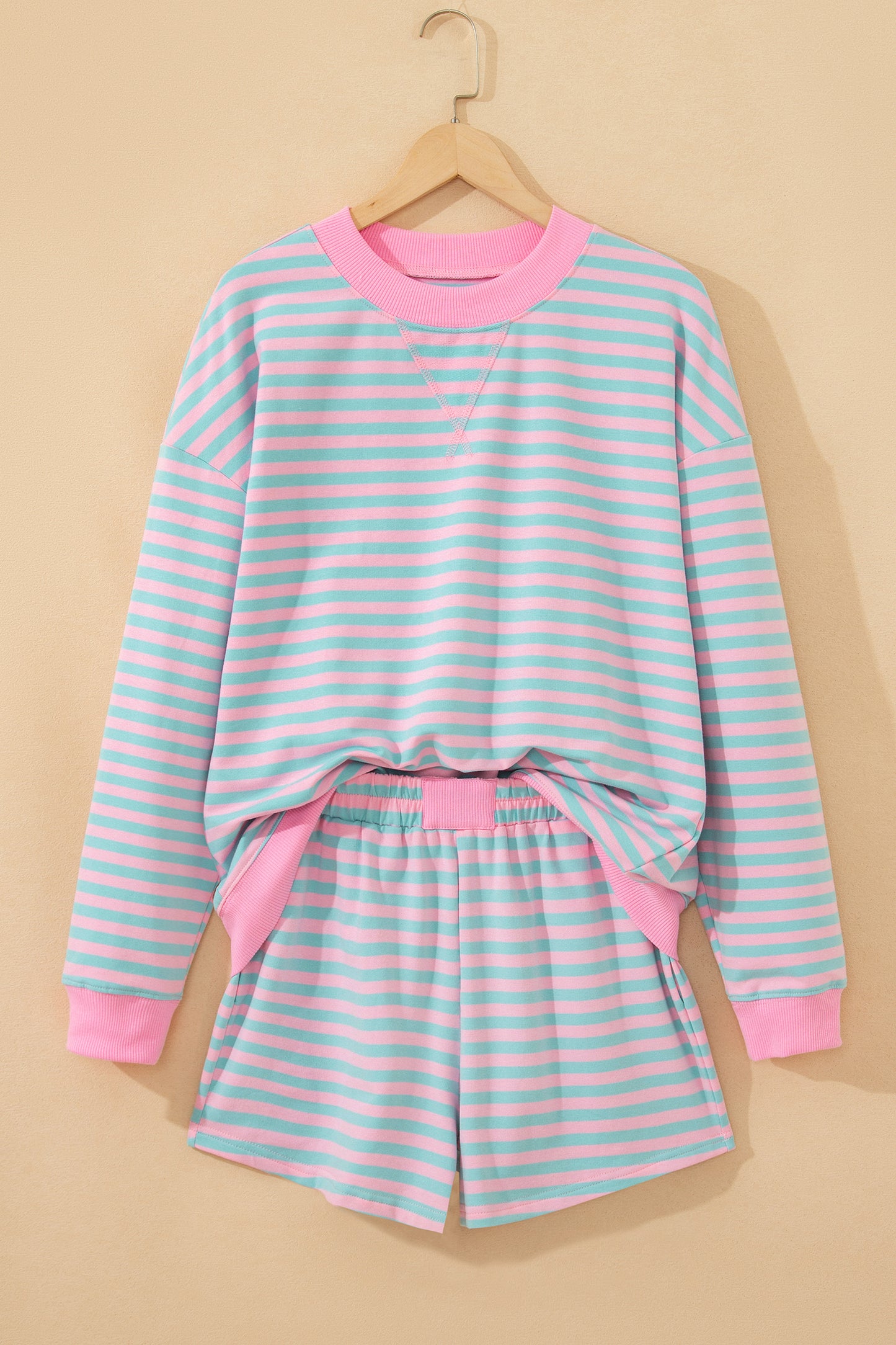 Stripe Color Block Detail Long Sleeve Pullover Elastic Waist Pull On Shorts 2pcs Set