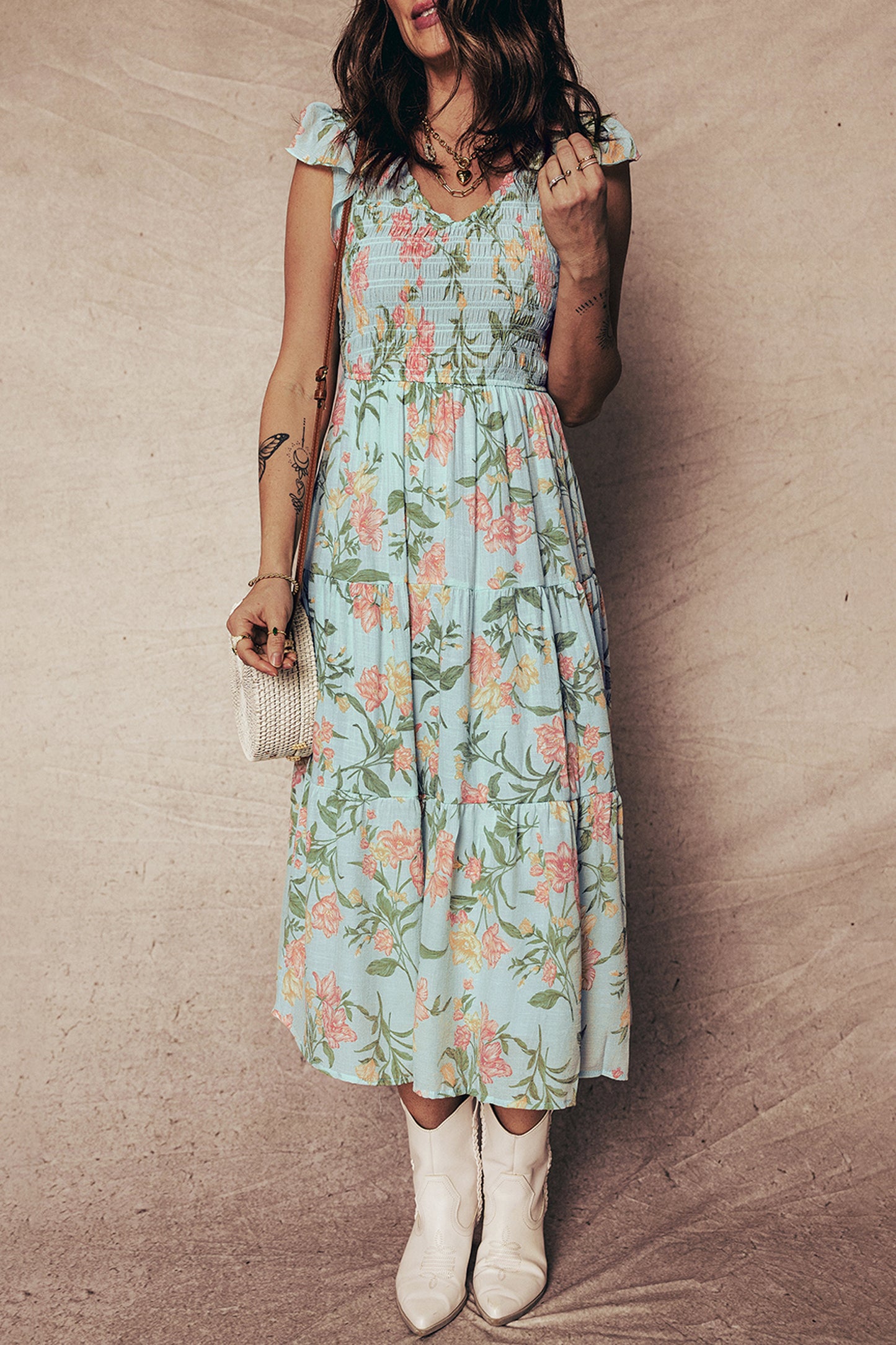 Smocked Bodice Ruffled Sleeveless Tiered Floral Maxi Dress