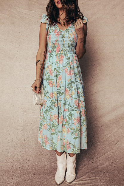 Smocked Bodice Ruffled Sleeveless Tiered Floral Maxi Dress