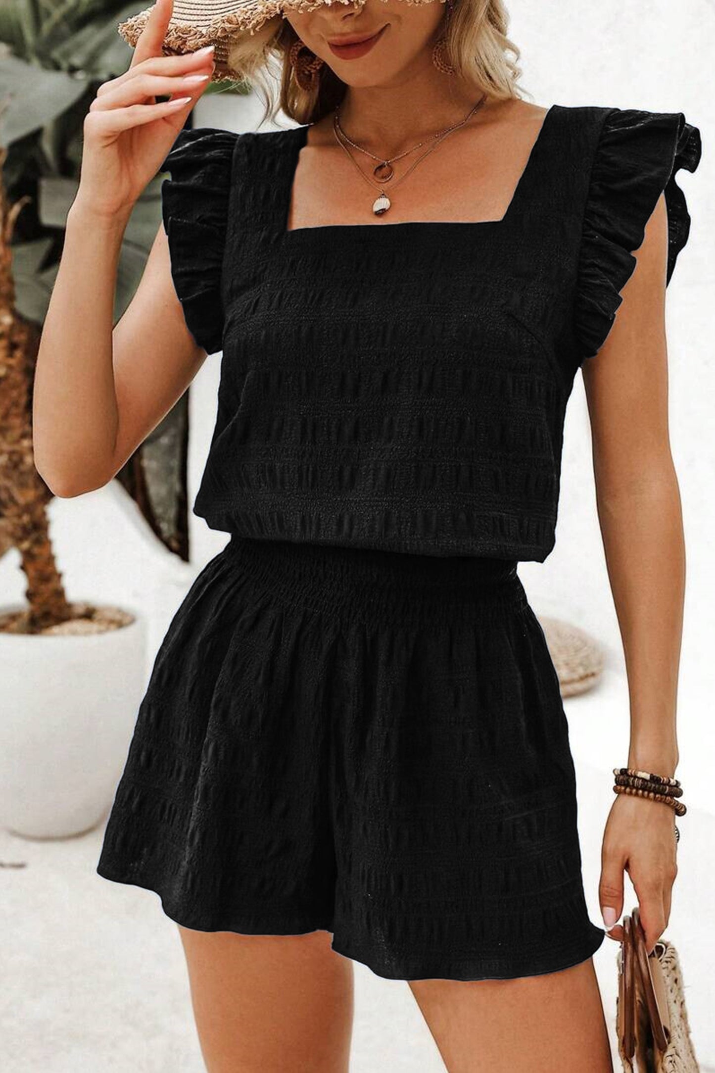 Shirred High Waist Shorts Set