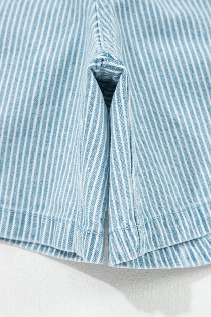 Blue Stripe Plus Size Contrast Drawstring Elastic Waist Denim Shorts