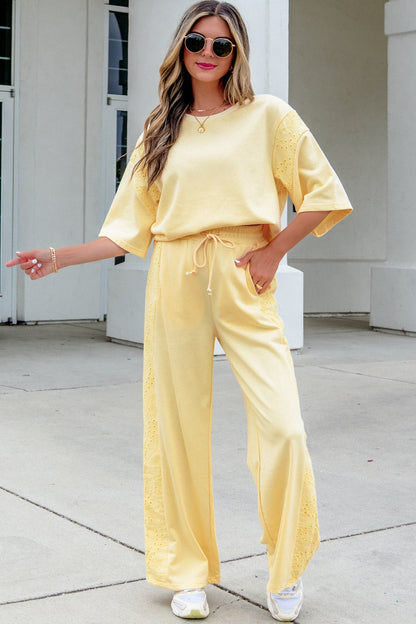 Yellow Cream Lace Patchwork Half Sleeve Top Elastic Waist Pants Two Piece Set