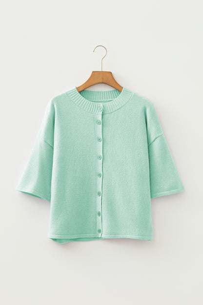 Beau Blue 3/4 Sleeve Boxy Knit Button Down Sweater Cardigan