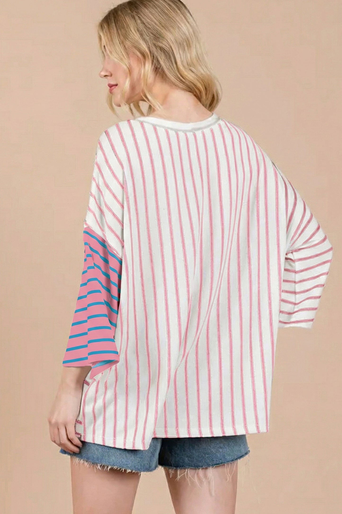 Stripe Colorblock 3/4 Sleeve Loose T Shirt