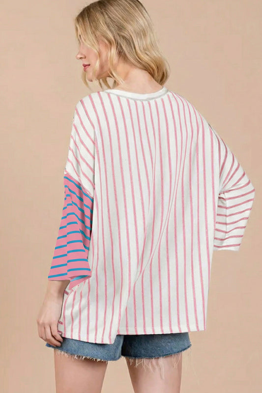 Stripe Colorblock 3/4 Sleeve Loose T Shirt