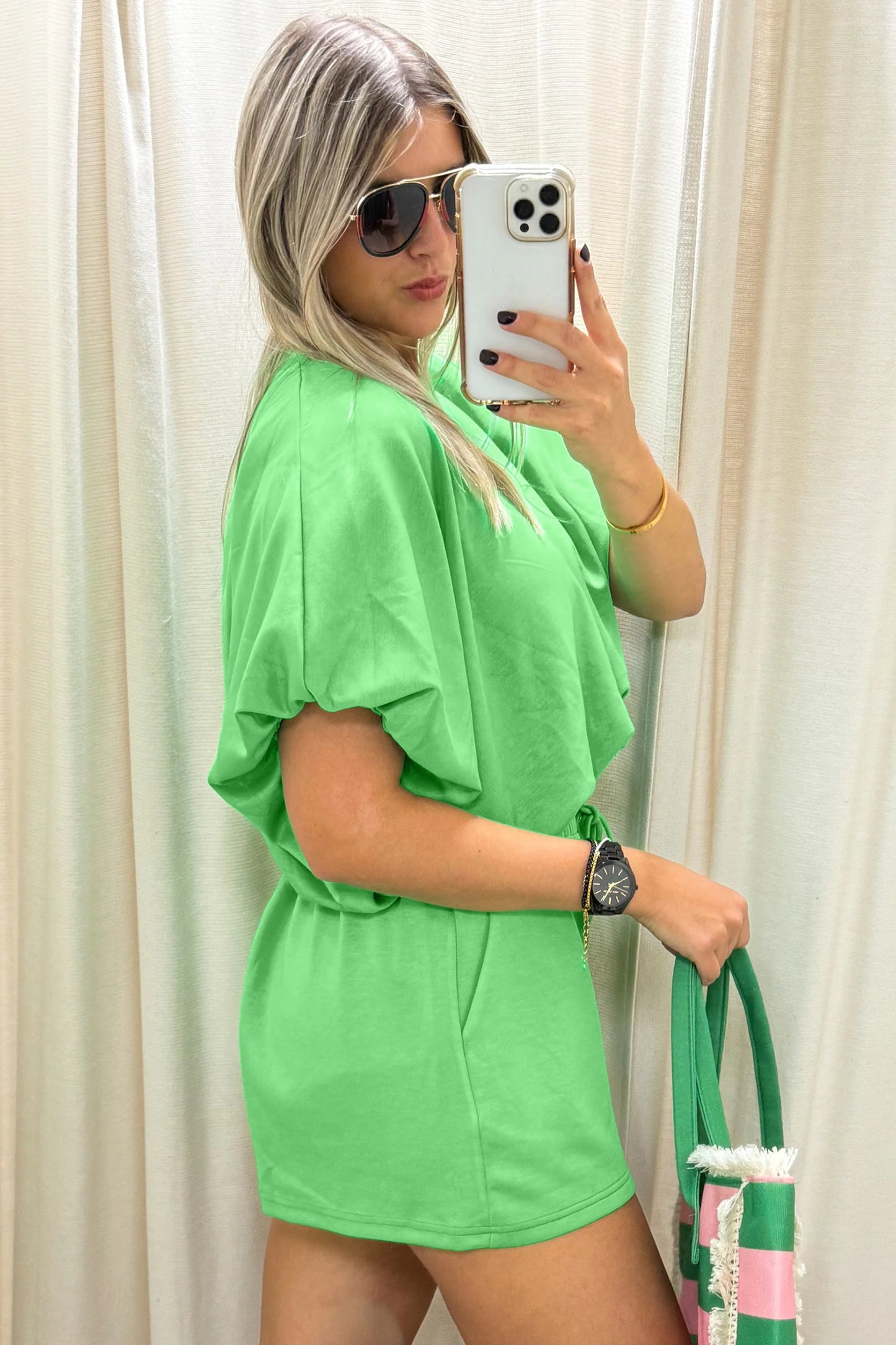 Green Solid Color Puffy Loose Top Drawstring Shorts 2pcs Outfit