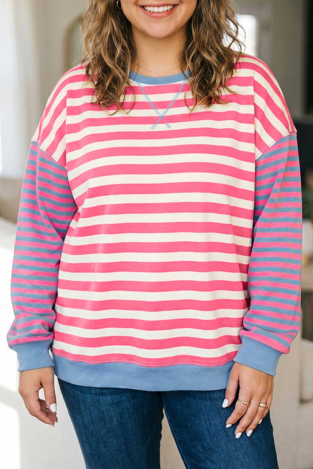 Pink Stripe Colorblock Tunic Plus Size Sweatshirt