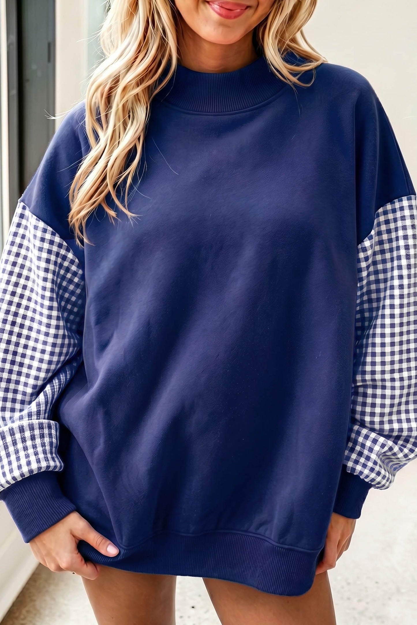 Plaid Sleeve Loose Tunic Mockneck Sweatshirt
