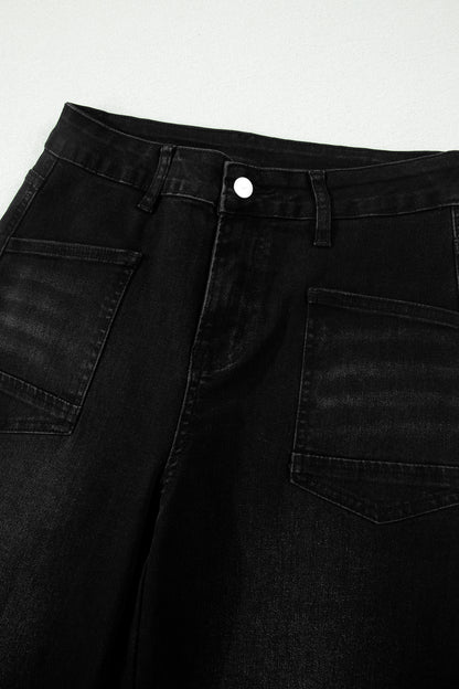 Black Frayed Cropped Straight Jeans