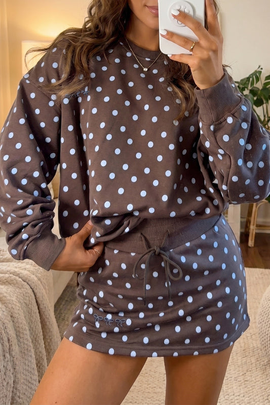 Brown Polka Dot Long Sleeve Pullover Embroidered Bow Detail 2pcs Skort Set