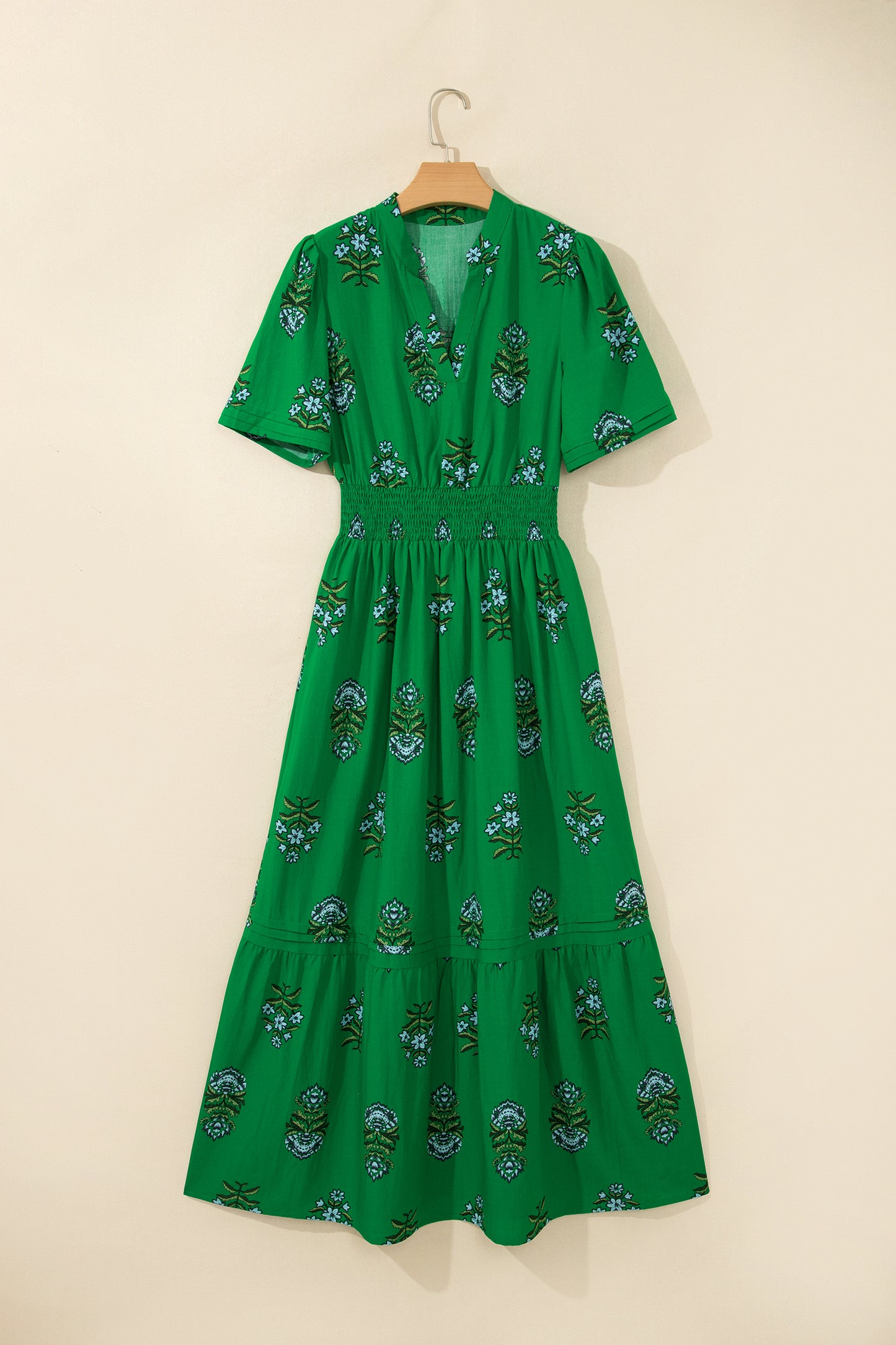 Split Neck Shirred High Waist Ruffle Hem Maxi Dress