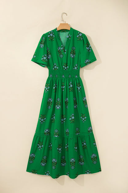 Split Neck Shirred High Waist Ruffle Hem Maxi Dress