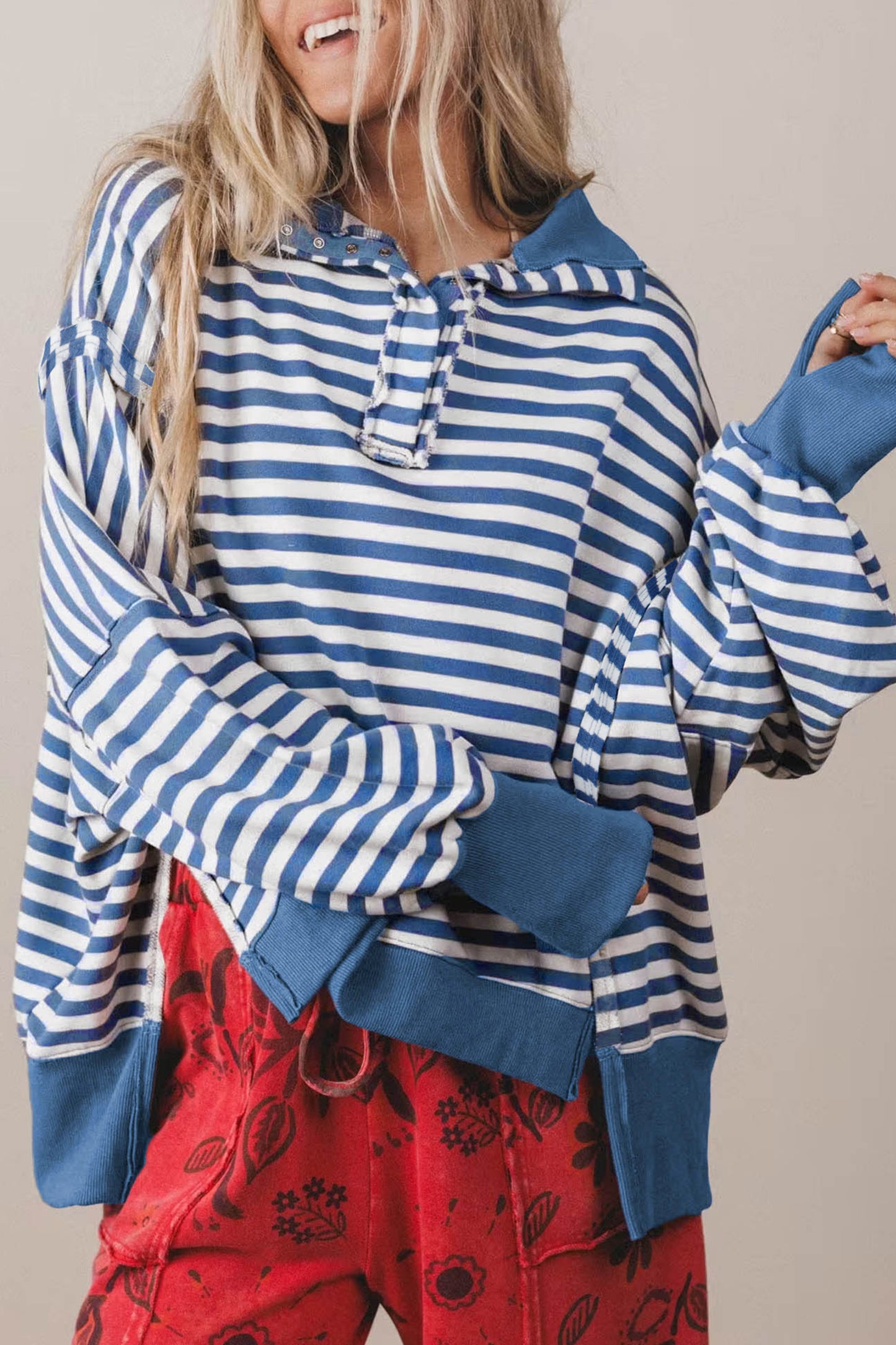 Blue Stripe Loose Pullover Sweatshirt