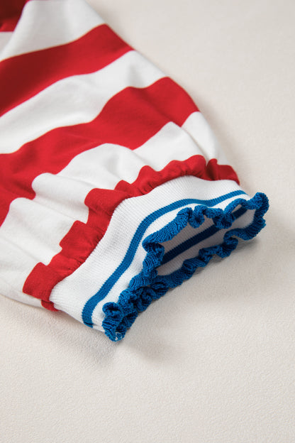 Red Stripe Contrast Trim Round Neck Short Puff Sleeve Shift Dress