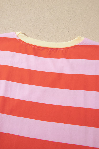 Rose Stripe Cuffed Short Sleeve Pocketed Casual T Shirt Long Dress
