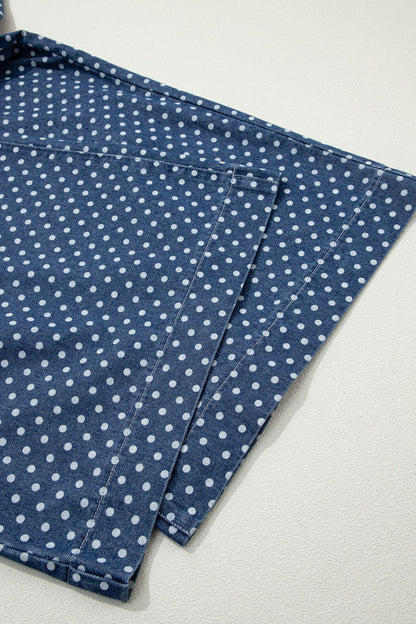Sky Blue Polka Dot Print Button Pleated Detail Wide Leg Jeans